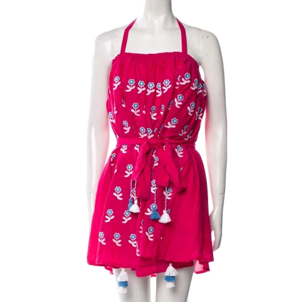 MARCH 11 100% linen pink white Blue cotton embroidery boho Mini dress Sz S (h